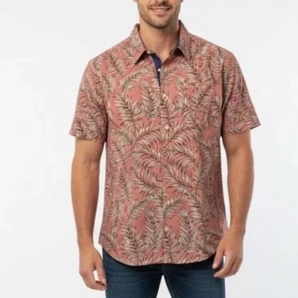 Jachs NY Mens 2XL Red Tropical Palm Leaf Print Short Sleeve Button Down Shirt